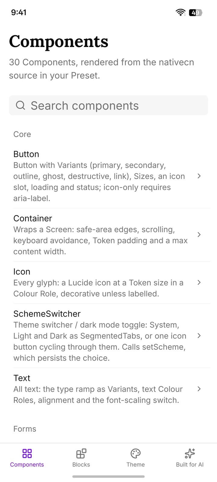 The Components tab: a search field above the Core group, listing Button, Container, Icon, SchemeSwitcher and Text with a short description each.