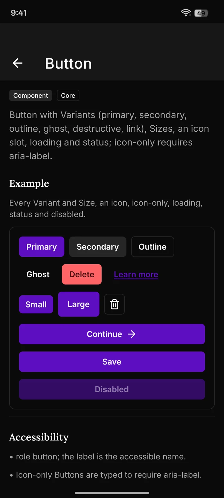 The Button page: violet Primary, Secondary, Outline, Ghost, Delete and link Buttons, small and large Sizes, an icon-only Button, and full-width Continue, Save and Disabled Buttons.