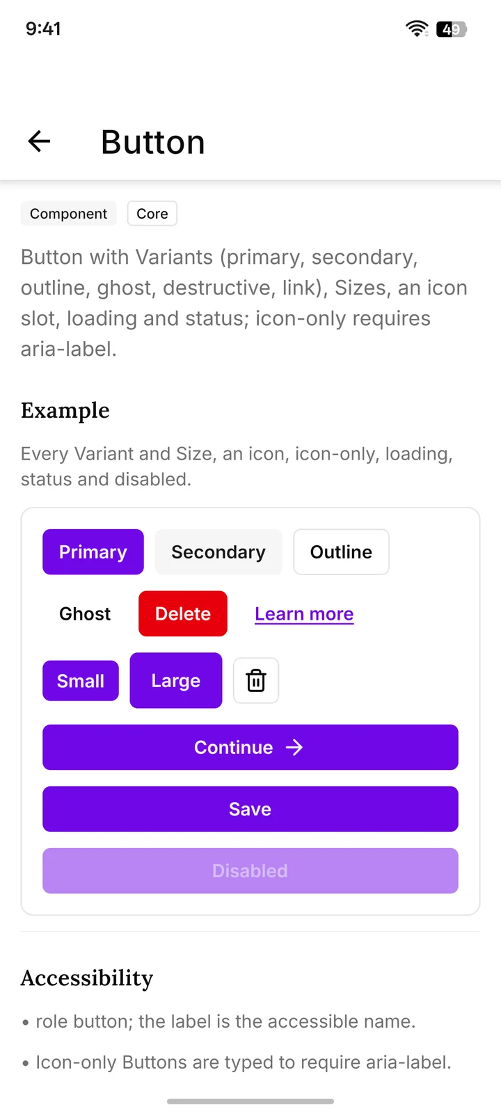 The Button page: violet Primary, Secondary, Outline, Ghost, Delete and link Buttons, small and large Sizes, an icon-only Button, and full-width Continue, Save and Disabled Buttons.