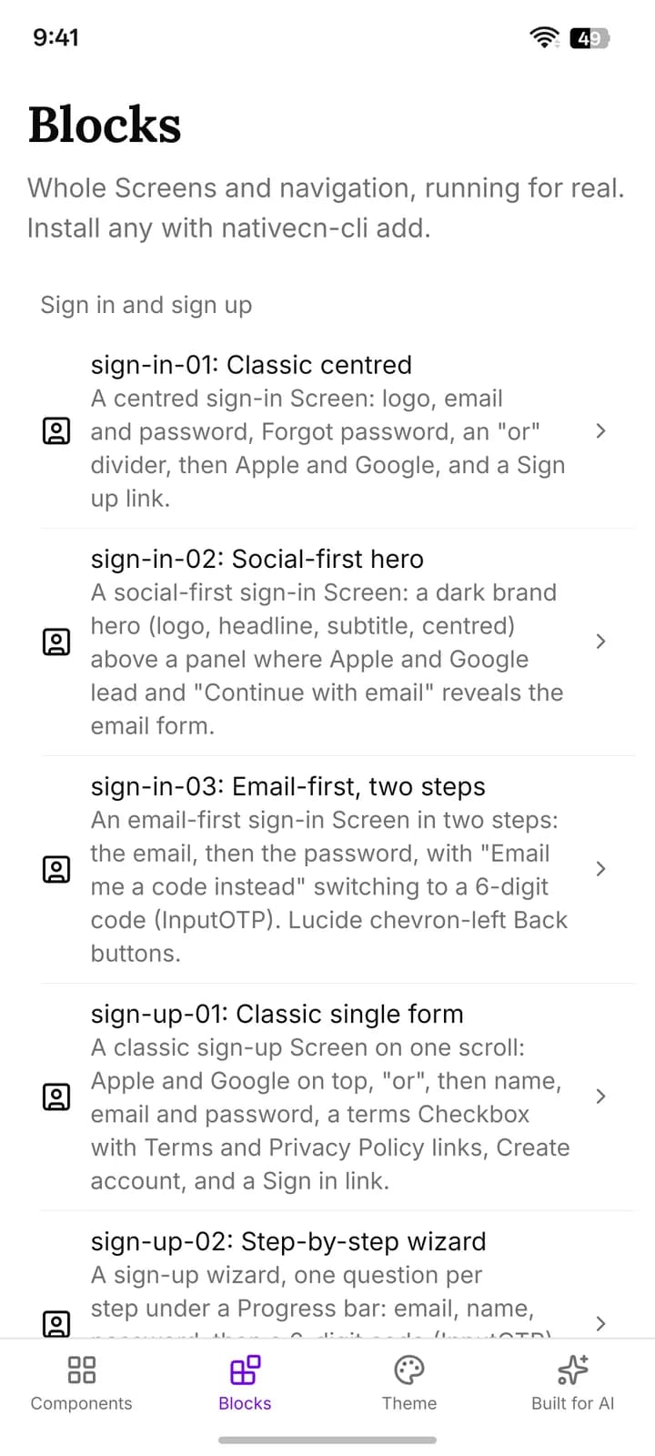 The Blocks tab: the sign-in and sign-up Blocks, from sign-in-01 Classic centred to sign-up-02 Step-by-step wizard, each with a description.