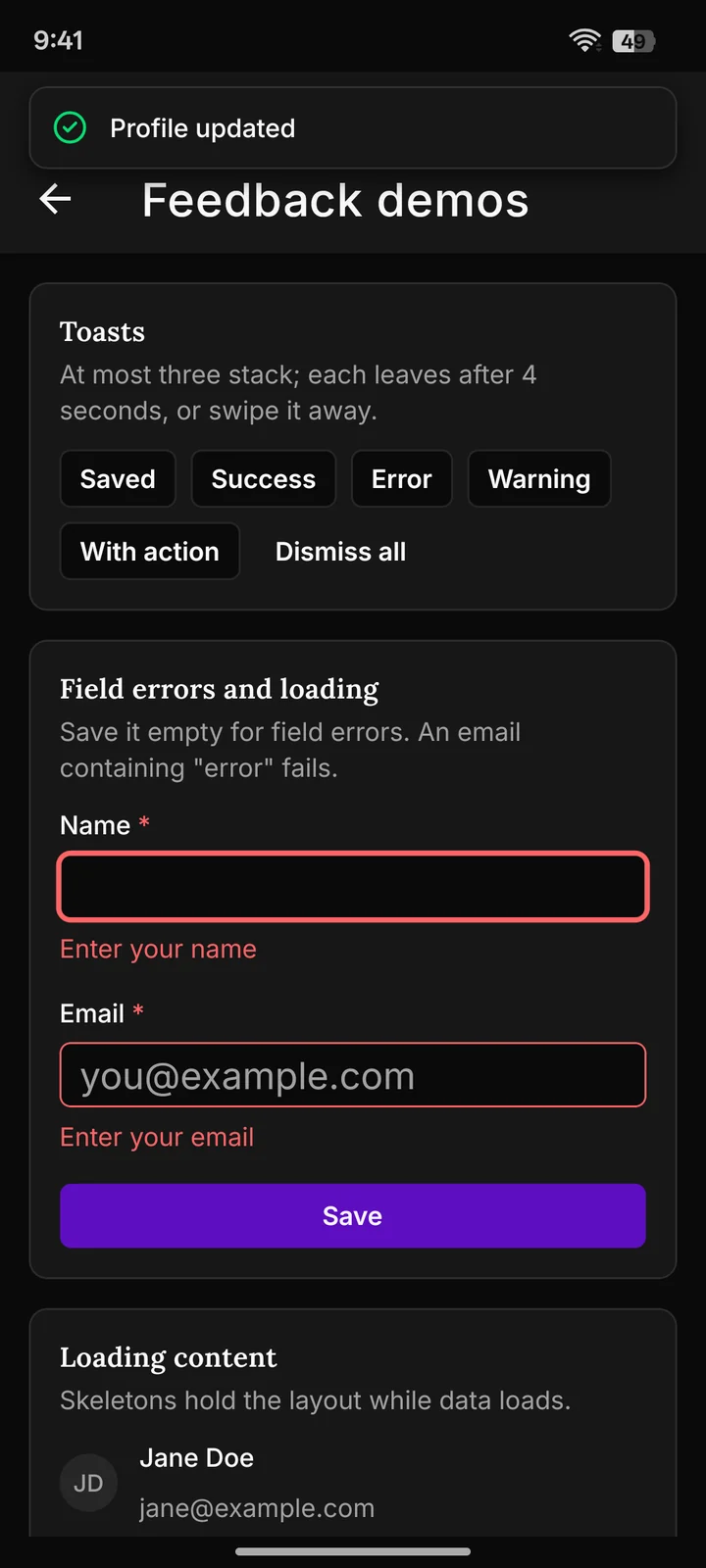 The Feedback demos: a Profile updated success Toast at the top, the Toast Buttons, and a form whose empty Name and Email fields show red validation errors.